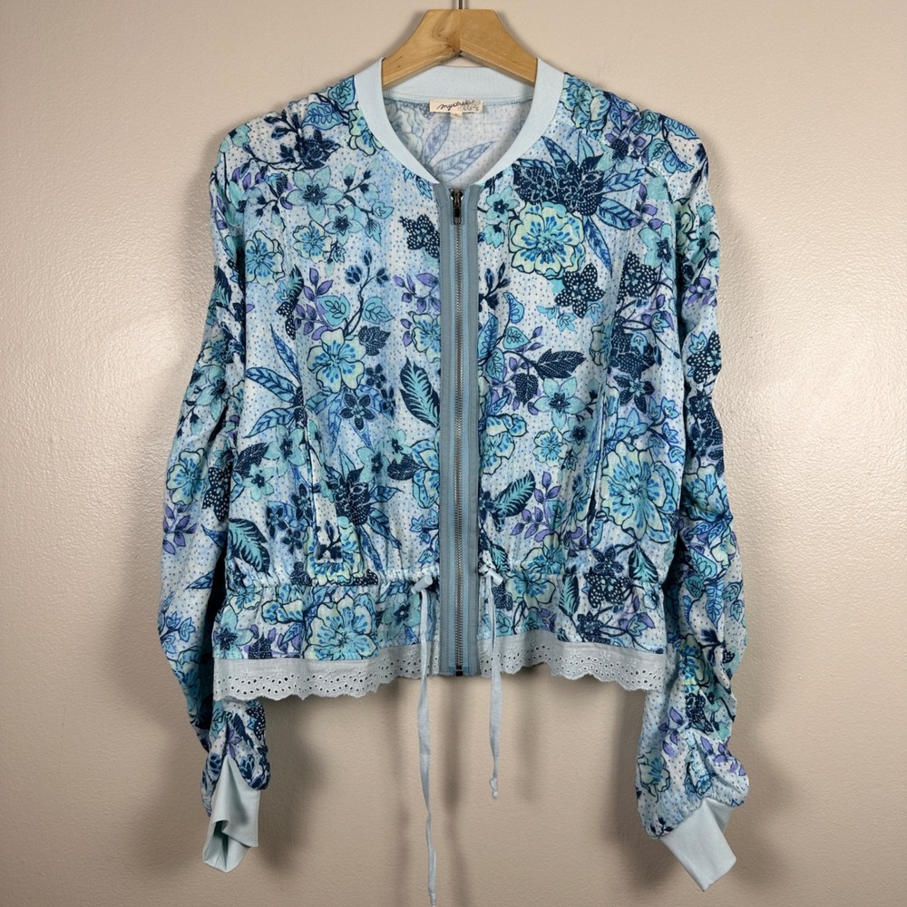 Mystree Women's Small Jacket Blue Floral Eyelet Lace Trim Bomber Cottgecore‎